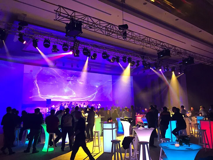 Concept party decoration and event styling with illuminated cocktail tables, ambient lighting and custom decor design for a corporate celebration in Antalya, Bodrum and Cappadocia
