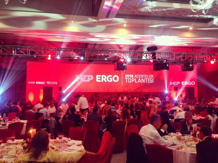 Conference AV equipment rental with LED screens, stage lighting and sound systems for a large corporate gala event in Antalya, Bodrum and Cappadocia