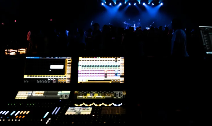 Live sound control and audio mixing desk operation with digital consoles and stage monitoring during a professional concert event in Antalya, Bodrum and Cappadocia
