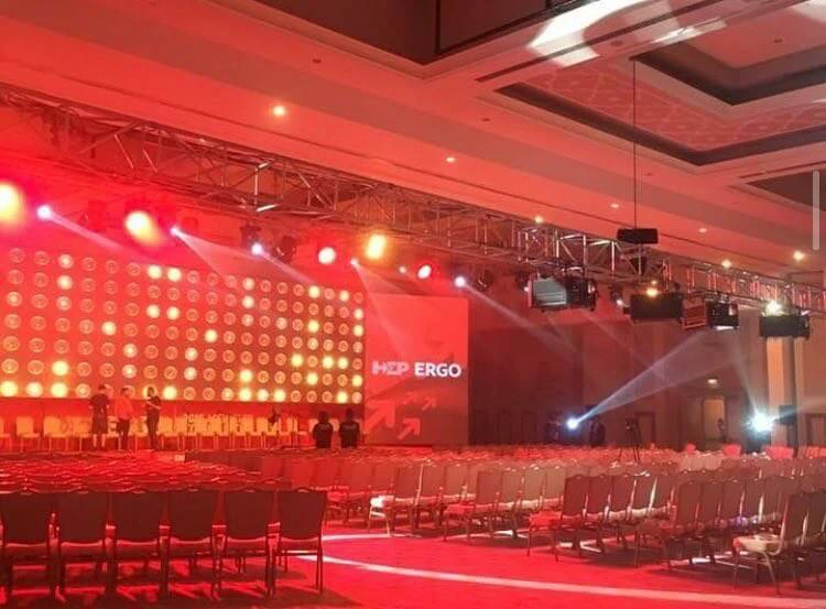 Stage design and technical production setup with truss systems, stage lighting, LED screens and sound equipment for corporate events in Antalya, Bodrum and Cappadocia