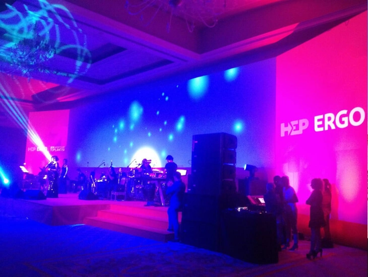 Indoor sound equipment setup featuring professional PA speakers, stage monitors and live audio mixing for a corporate concert event in Antalya, Bodrum and Cappadocia