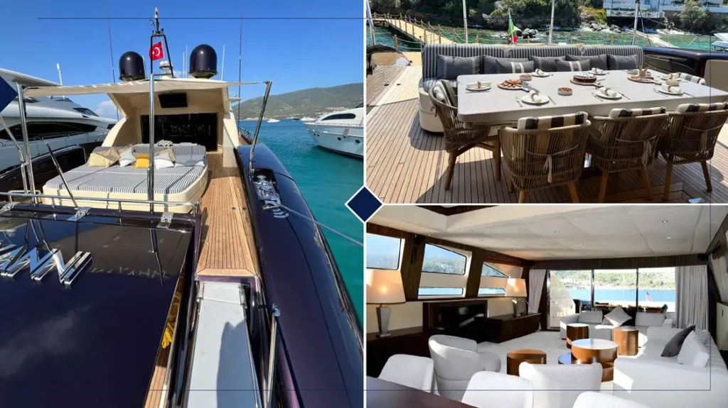 Luxury private yacht party experience with dining area and elegant interior