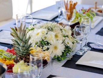 Luxury yacht breakfast in Fethiye, Turkey featuring gourmet dining, fresh fruit selection and an exclusive private yacht charter experience