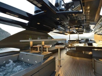 Luxury yacht interior in Bodrum, Turkey featuring elegant lounge areas, premium amenities and private yacht charter experience