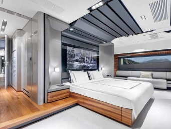 Luxury yacht master cabin in Gocek, Turkey featuring elegant interior design, premium accommodation and an exclusive private yacht charter experience