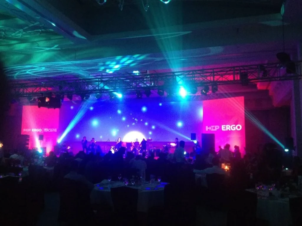 Corporate event in Antalya, Turkey with live musicians, stage lighting and large LED screens